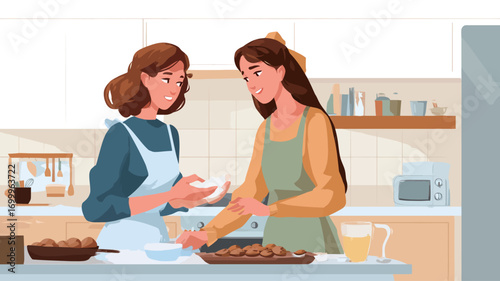 A digital illustration depicting two women in a bright, modern kitchen. They are wearing aprons and are actively engaged in baking, seemingly working together on a batch of cookies.