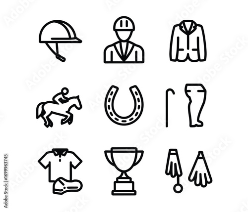 Horse Racing Icon Design – Galloping Racehorse with Jockey Silhouette, Vector Outline Symbol, Sport Logo, Equestrian Illustration for Branding, Print, Web, Competition Poster, Graphic Decor