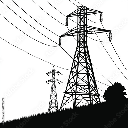 Electric power towers and utility pylons connected with multiple overhead wires in countryside environment, detailed EPS 10 black vector file.