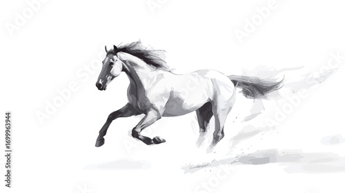 The image is a monochrome illustration or painting of a horse in motion. The horse is depicted in shades of gray against a white background, with a suggestion of motion blur around its hooves and