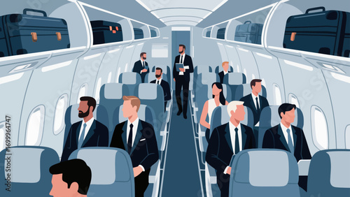 Business people travel by plane for business. Hand-drawn vector illustration