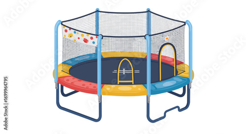 Colorful Childrens Trampoline with Safety Net and Padded Frame.