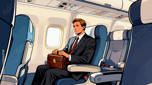 Business people travel by plane for business. Hand-drawn vector illustration