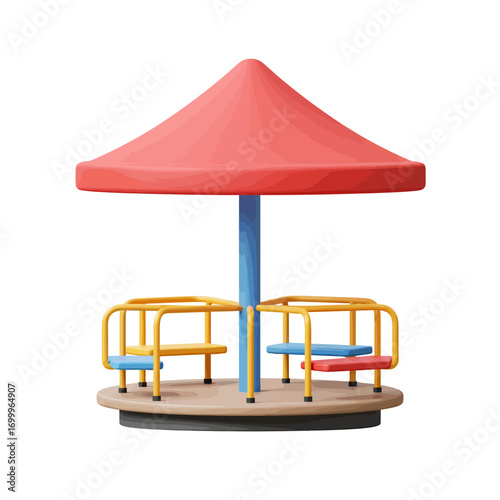 Colorful Playground MerryGoRound with Red Canopy and Seats.
