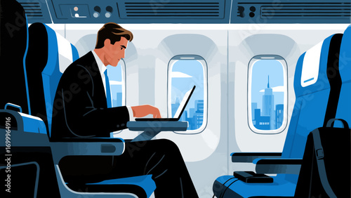 Business people travel by plane for business. Hand-drawn vector illustration