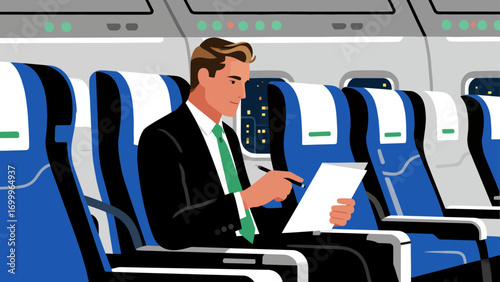 Business people travel by plane for business. Hand-drawn vector illustration
