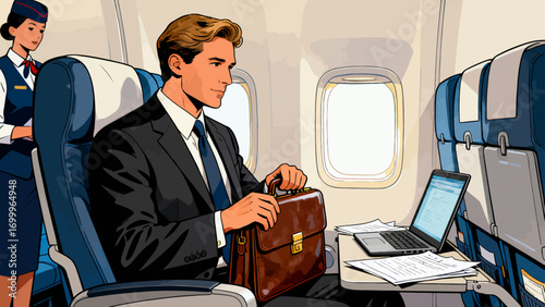 Business people travel by plane for business. Hand-drawn vector illustration
