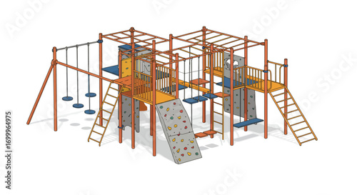Colorful Playground Structure with Climbing Wall and Swings.