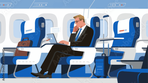 Business people travel by plane for business. Hand-drawn vector illustration