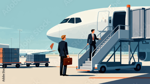 Business people travel by plane for business. Hand-drawn vector illustration