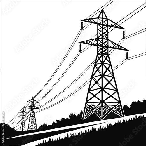 Energy transmission tower carrying heavy power cables across countryside landscape, detailed black silhouette vector EPS 10 illustration of industrial electricity grid and modern eps vector file.