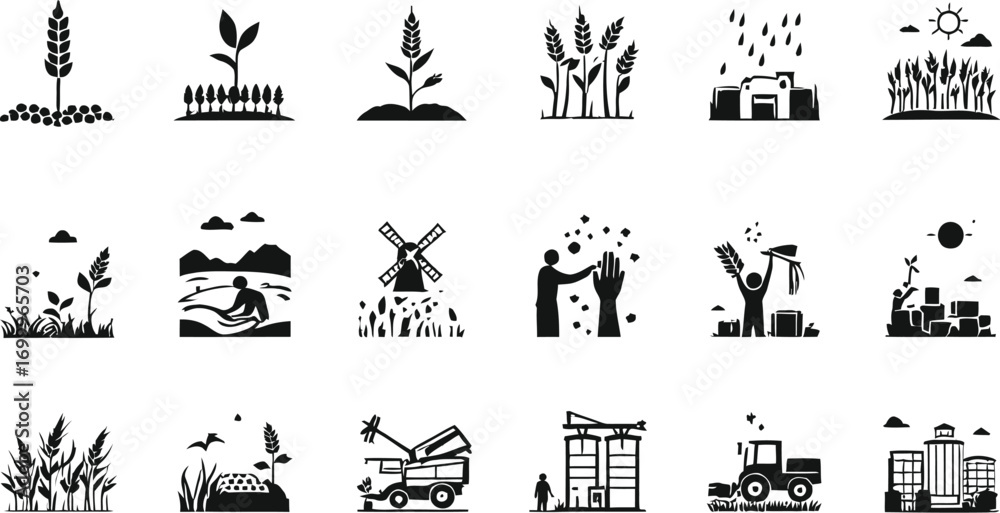 Fototapeta premium Black and white agriculture icon set showing farming stages from planting to harvest, minimal vector illustration grid