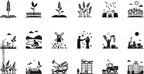 Black and white agriculture icon set showing farming stages from planting to harvest, minimal vector illustration grid