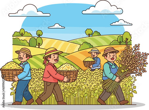 Cartoon Buckwheat Harvest with Farmers and Props