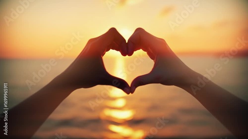 Diversity Hands Forming Heart Shape Over Sunset by the Ocean