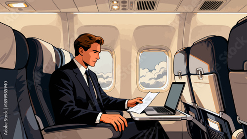 Business people travel by plane for business. Hand-drawn vector illustration
