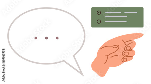 Hand gestures toward checklist with a speech bubble for communication, teamwork, prioritization, organization, management, decision-making, and productiveness. Ideal for collaboration and to-dos