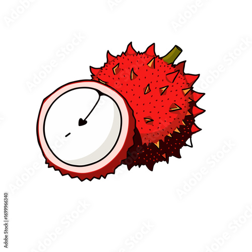 Rambutan in 2D flat vector style, bold outline, iconic hairy tropical fruit design, perfect for exotic menus, fruit packaging, and market illustrations.