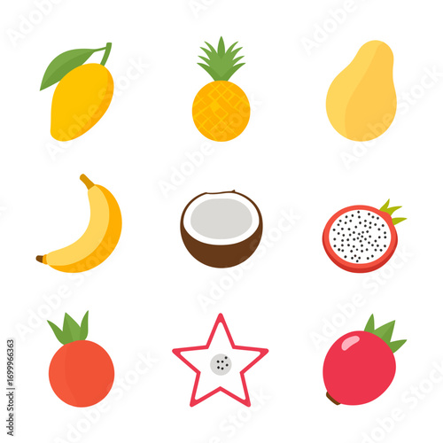 Flat vector set of nine tropical fruits including mango, pineapple, banana, coconut, papaya, dragon fruit, starfruit, rambutan, and passion fruit.