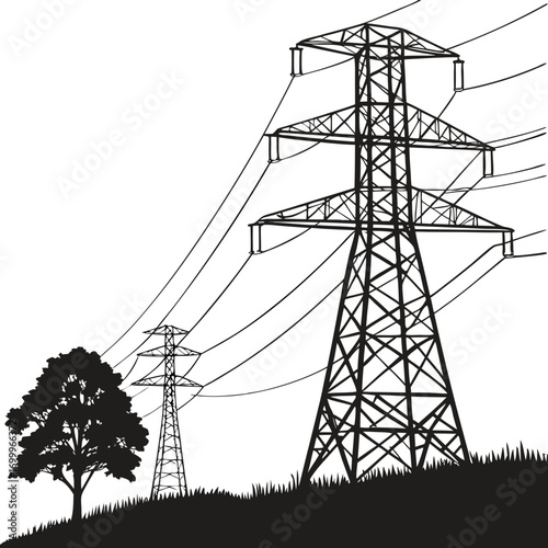 High voltage electricity transmission towers with multiple power lines across forest horizon, black silhouette vector illustration of modern utility infrastructure and energy distribution , EPS 10.
