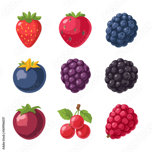 Vector set of nine iconic berries in flat style, includes strawberry, blueberry, raspberry, blackberry, gooseberry, cranberry, mulberry, elderberry, currant.