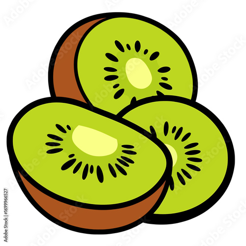 Juicy kiwi fruit in 2D flat vector style, bold outline, circular geometric form, great for smoothie labels, healthy food branding, and exotic designs.