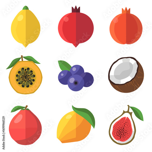 Flat vector collection of nine unique fruits including lemon, kiwi, pomegranate, papaya, blueberry, coconut, mango, dragon fruit, and fig.