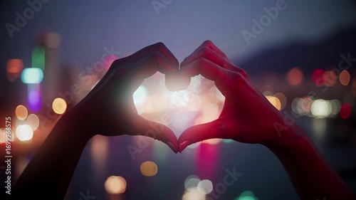 Urban Diversity Hands Forming Heart Shape Against City Lights in the Evening