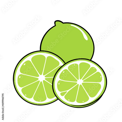 Bright green lime in 2D flat vector style, bold outline, perfect for citrus fruit icons, fresh drink menus, and summer healthy lifestyle projects.