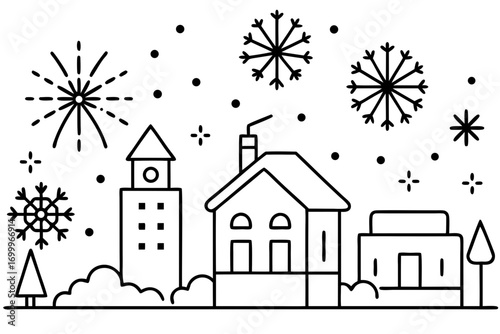 line art New Year celebration in a snowy city, fireworks above houses,  silhouette vector holiday background