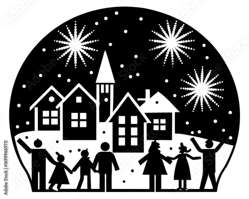 New Year celebration in a snowy city, fireworks above houses,  silhouette vector holiday background