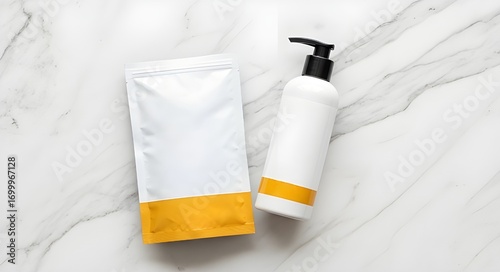 Shampoo and Refill Pouch Mockup on Marble Background
