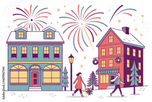 New Year celebration in a snowy city, colorful fireworks above houses,  vector holiday background