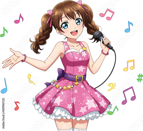Cute anime girl singing on stage with microphone, pink idol dress, musical notes background, anime performance, kawaii character illustration