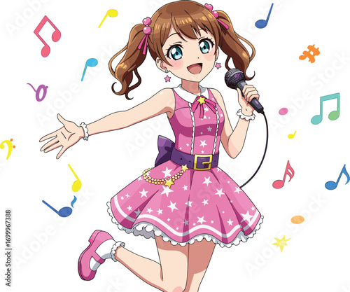 Cute anime girl singing on stage with microphone, pink idol dress, musical notes background, anime performance, kawaii character illustration