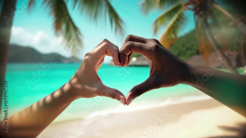 Diverse Couple Forming Heart Shape with Hands on Tropical Beach