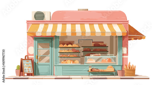 Digital illustration of a charming bakery shop exterior. The building is depicted in pastel pink with a teal-colored door and windows.  A yellow and white striped awning extends over the