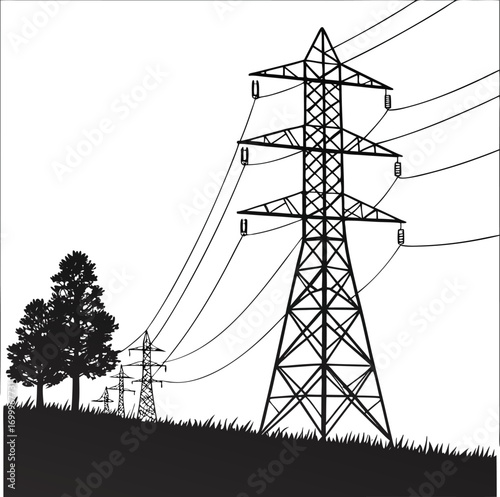 High voltage transmission tower with power lines across forest horizon  vector silhouette illustration, EPS 10 utility design vector file.