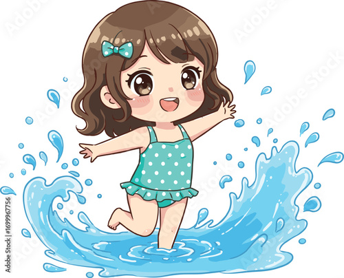 Cute cartoon girl splashing in water, happy child playing, summer fun activity, joyful kid in swimsuit, water playtime scene