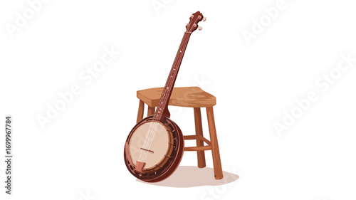A digital illustration depicting a banjo resting against a small, light brown wooden stool. The banjo is predominantly brown with subtle variations in shading to suggest wood grain.