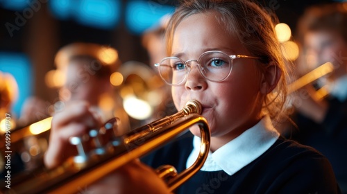 A young girl, deeply immersed in playing her trumpet, showcases determination and talent, highlighting the joy of music and the vibrancy of youth during a performance.