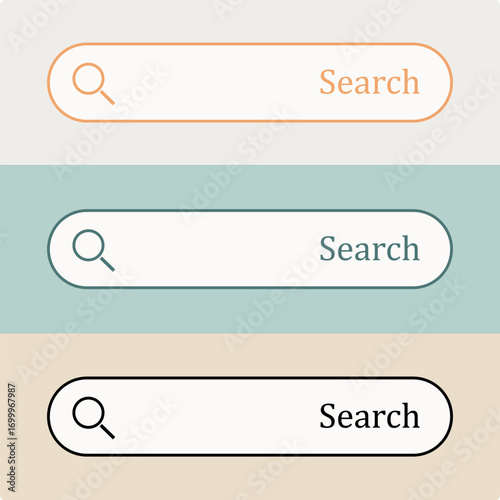 Modern vector illustration of three stylized search bars with magnifying glass icons, featuring orange, teal, and black themes on varied backgrounds. Ideal for UI-UX, web design, and app mockups.
