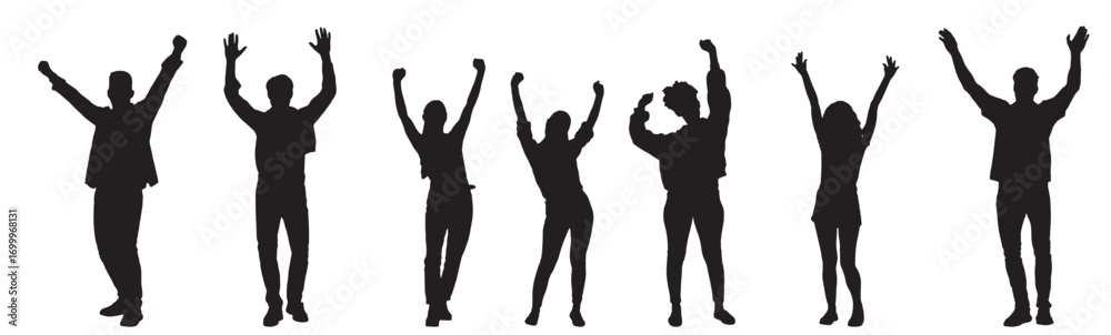 Fototapeta premium Silhouette of People with Hands Up on White Background.