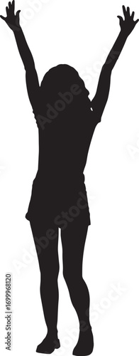 Celebrating Woman Silhouette with Arms Raised, Vector Illustration.