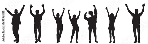Silhouette of People with Hands Up on White Background.