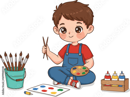 Cute little boy painting with brush, sitting on floor, colorful art supplies, happy child artist, creative kids art concept