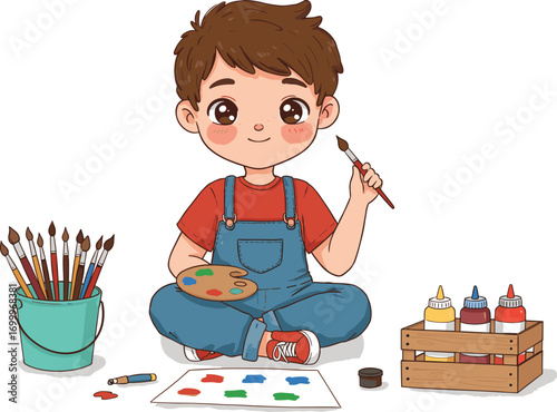 Cute little boy painting with brush, sitting on floor, colorful art supplies, happy child artist, creative kids art concept