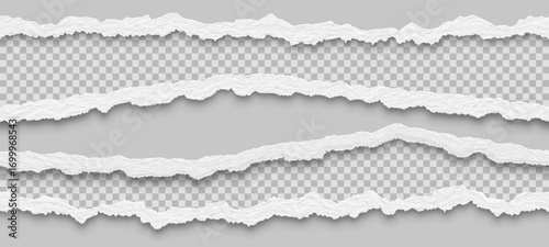 Collection of realistic seamless torn paper edges with shadows isolated on light background. Vector 3d illustration.