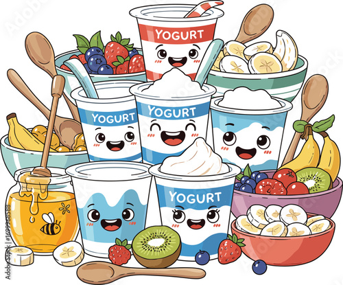 Cartoon Yogurt Breakfast Scene with Cheerful Props