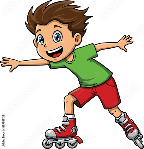 Smiling boy roller skating, cartoon child enjoying active outdoor play, kids sport illustration, fun childhood activity, health and fitness concept